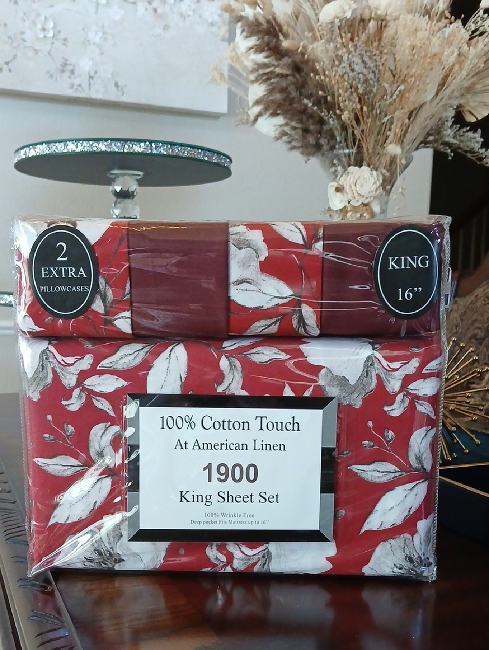 New American Linen Cotton 1900 King Sheet Set  Red Floral 100% Wrinkle Free 6pc